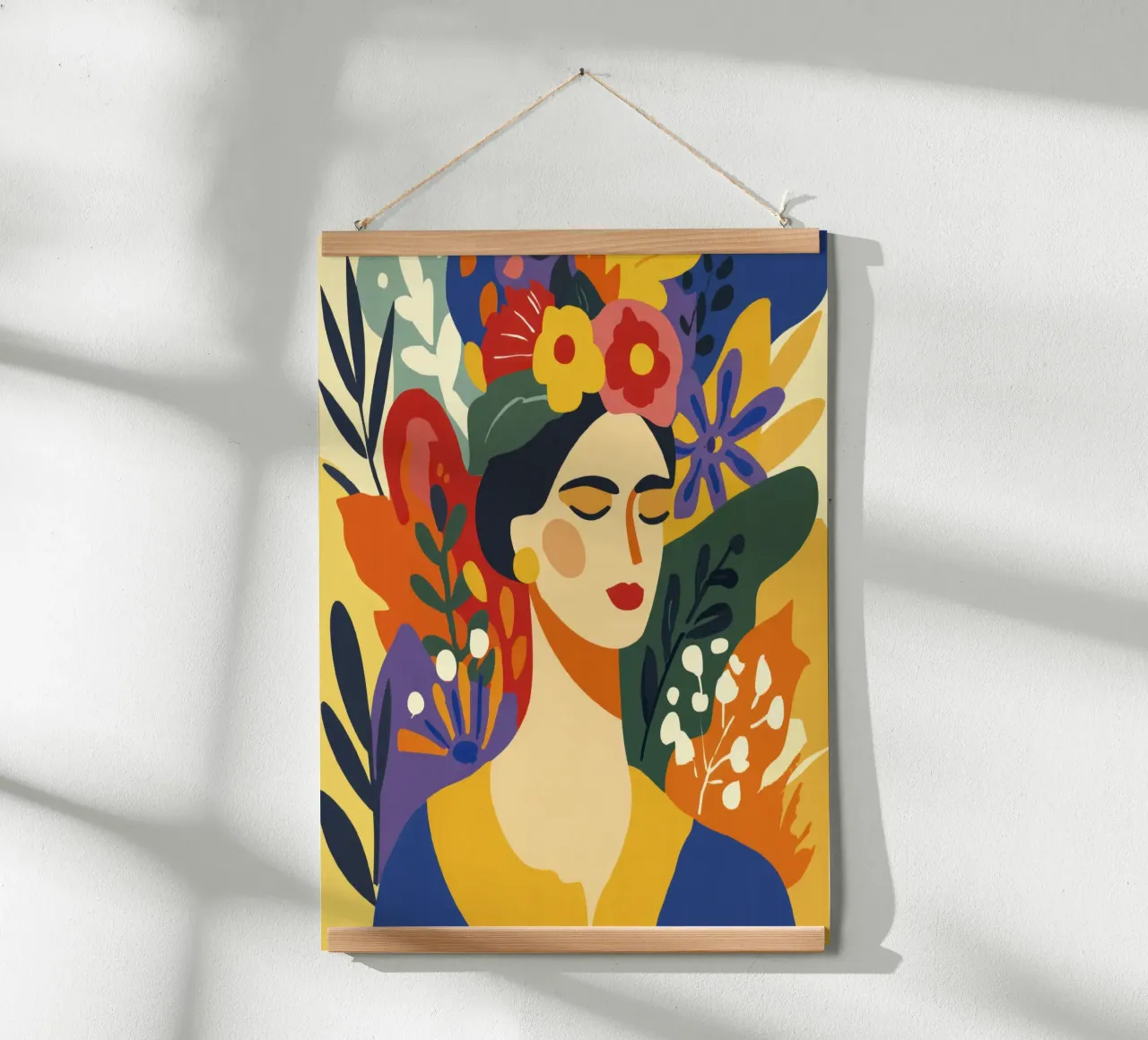 Donna moderna del Medioevo con corona floreale, toni della terra poster con telaio in legno da Modern Muse