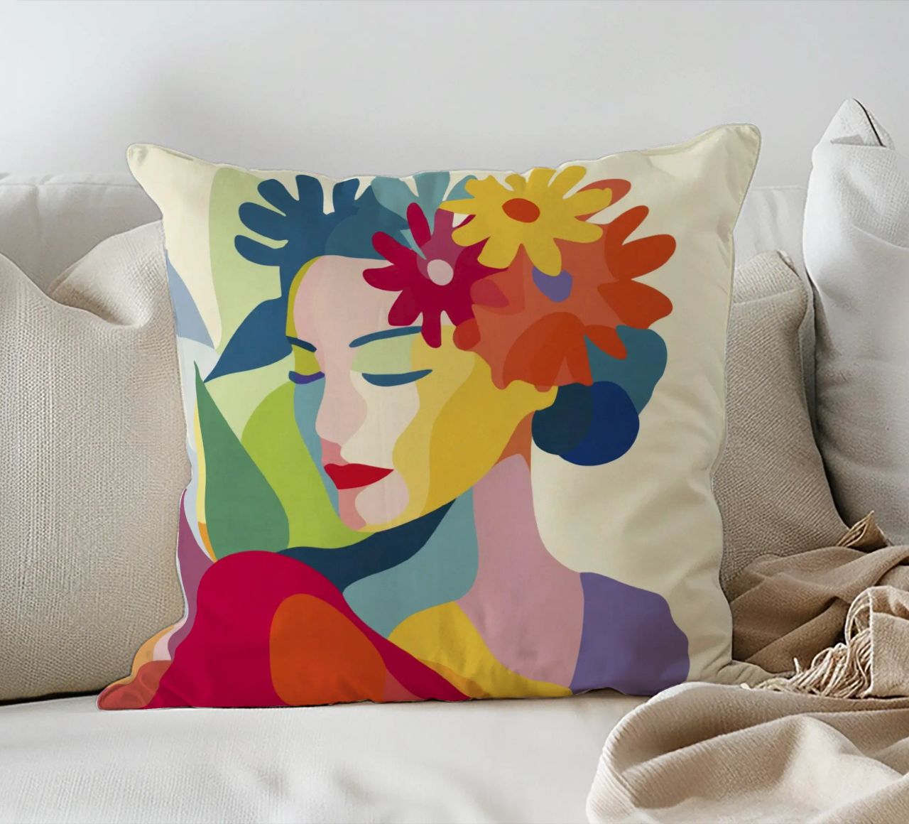 Donna astratta moderna di metà secolo con corona floreale cuscino da Modern Muse