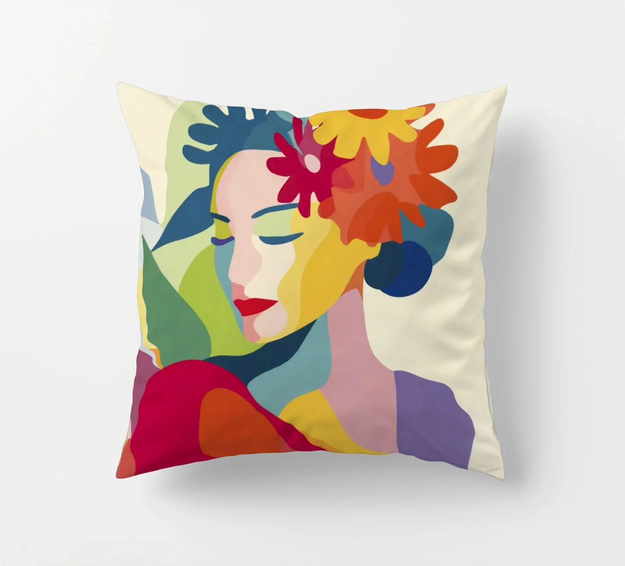 Donna astratta moderna di metà secolo con corona floreale cuscino da Modern Muse