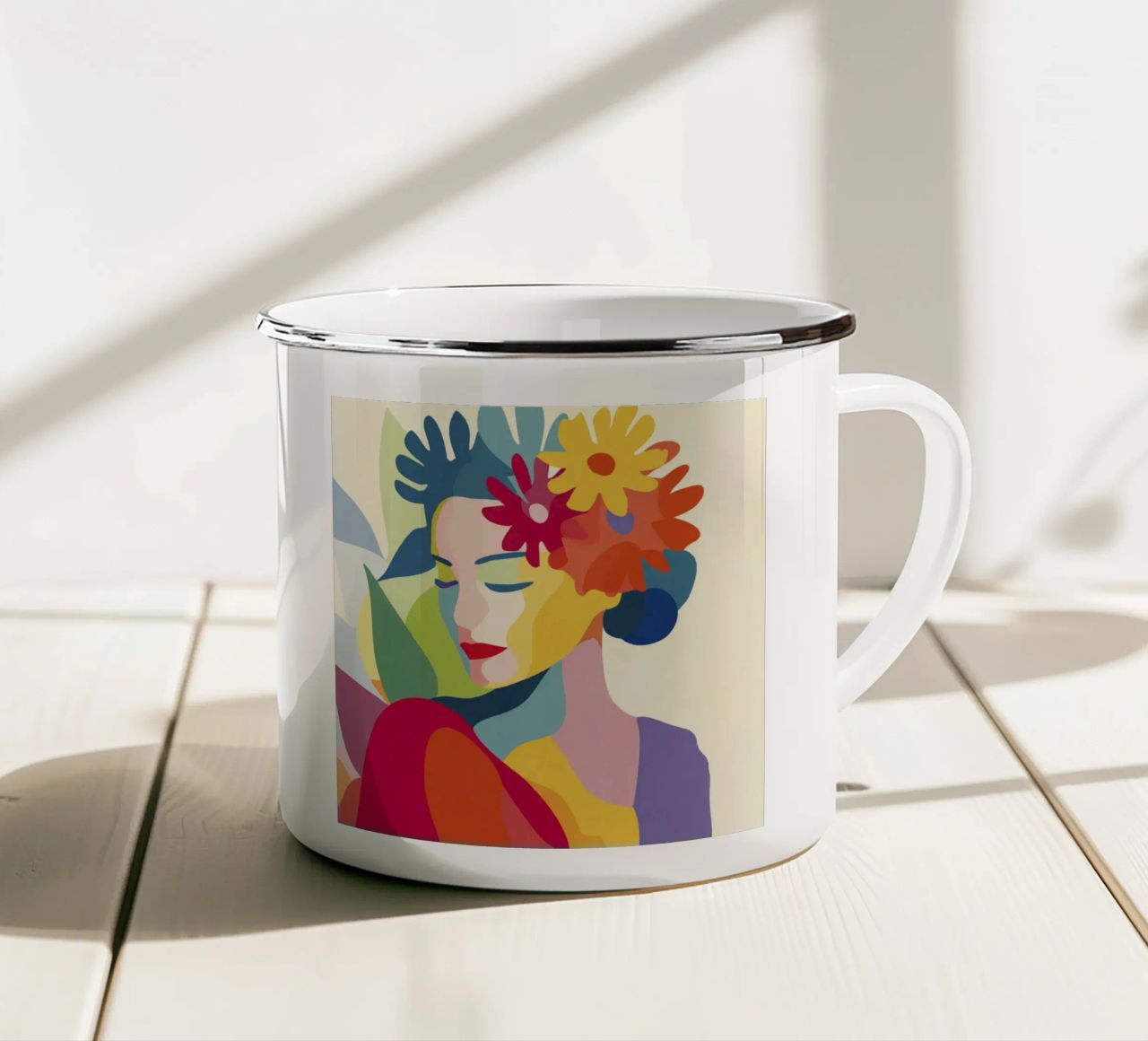 Donna astratta moderna di metà secolo con corona floreale tazza in smalto da Modern Muse
