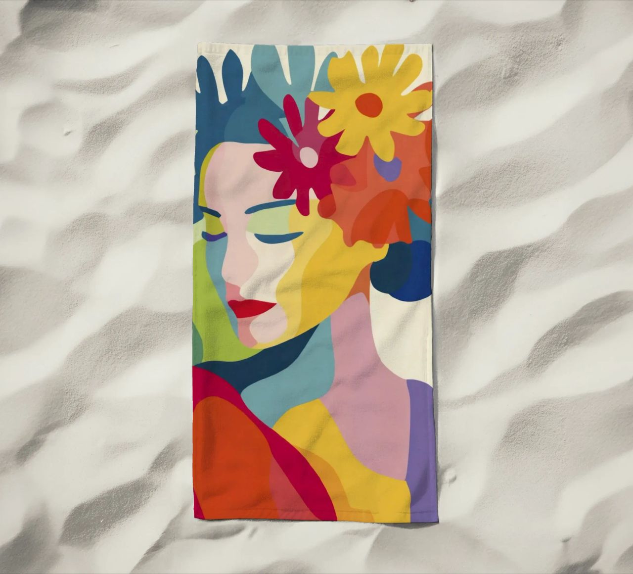 Donna astratta moderna di metà secolo con corona floreale telo mare da Modern Muse