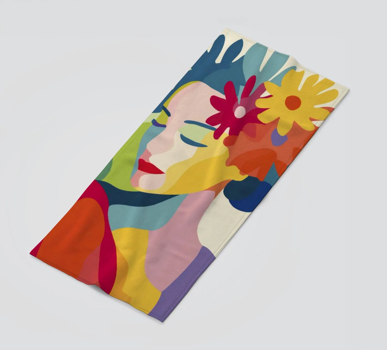 Donna astratta moderna di metà secolo con corona floreale telo mare da Modern Muse