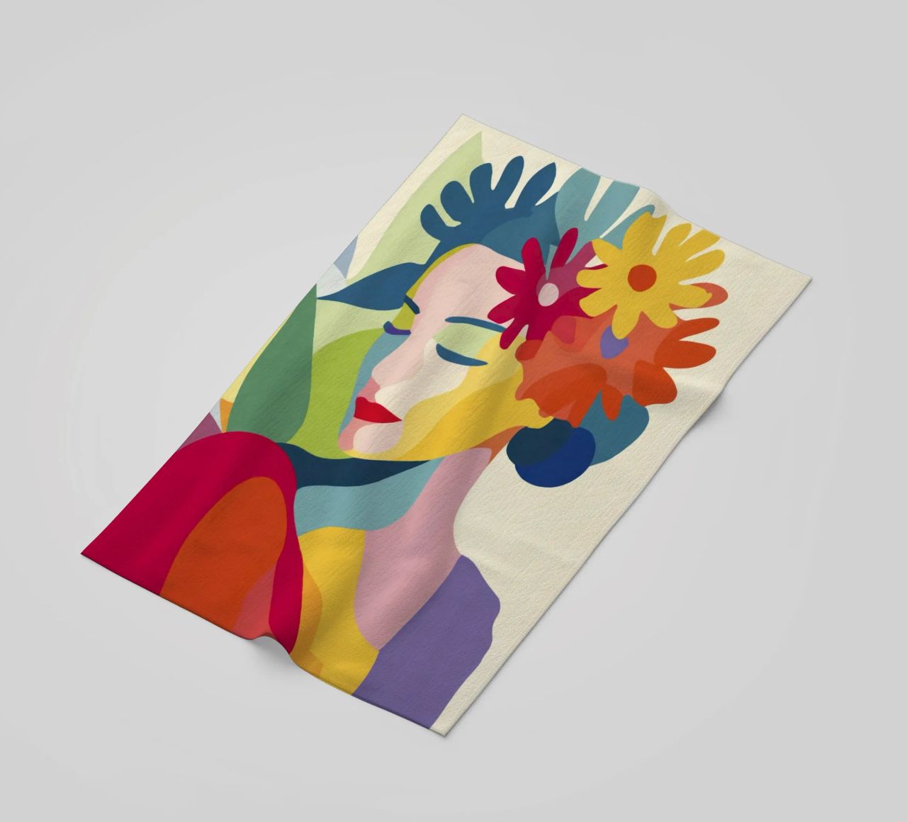 Donna astratta moderna di metà secolo con corona floreale telo mare da Modern Muse