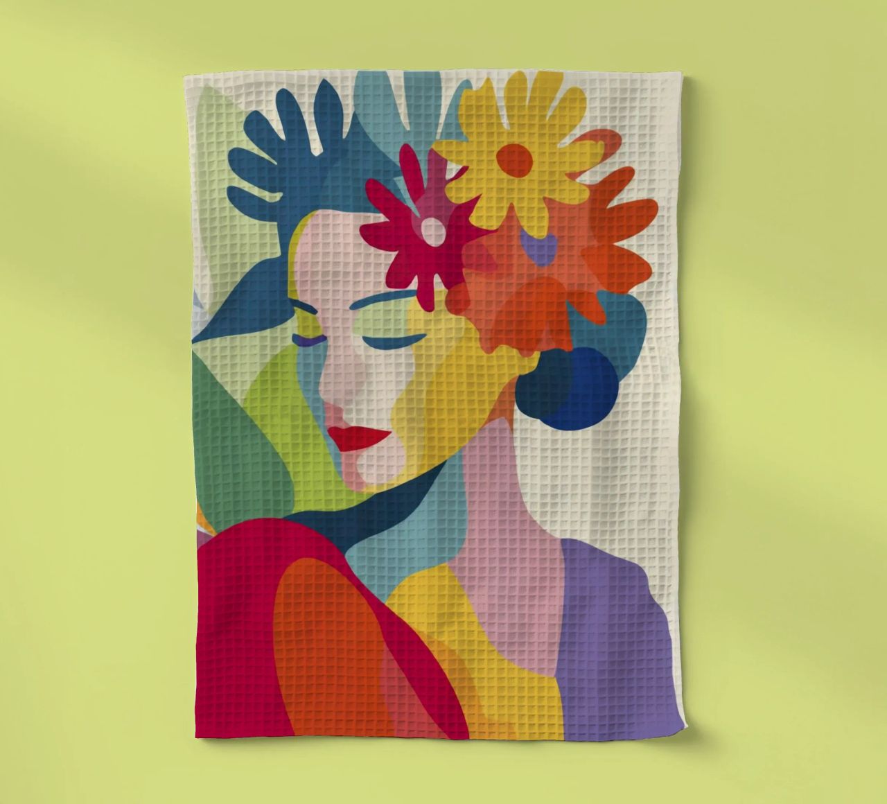 Donna astratta moderna di metà secolo con corona floreale canovaccio da cucina da Modern Muse