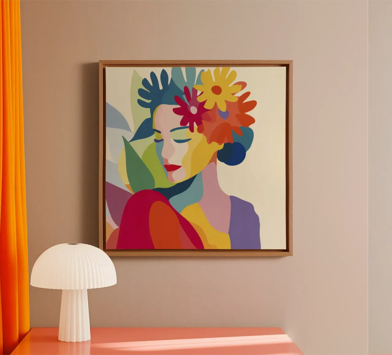 Midcentury Moderne Abstracte Vrouw met Bloemenkroon canvas met Baklijst van Modern Muse