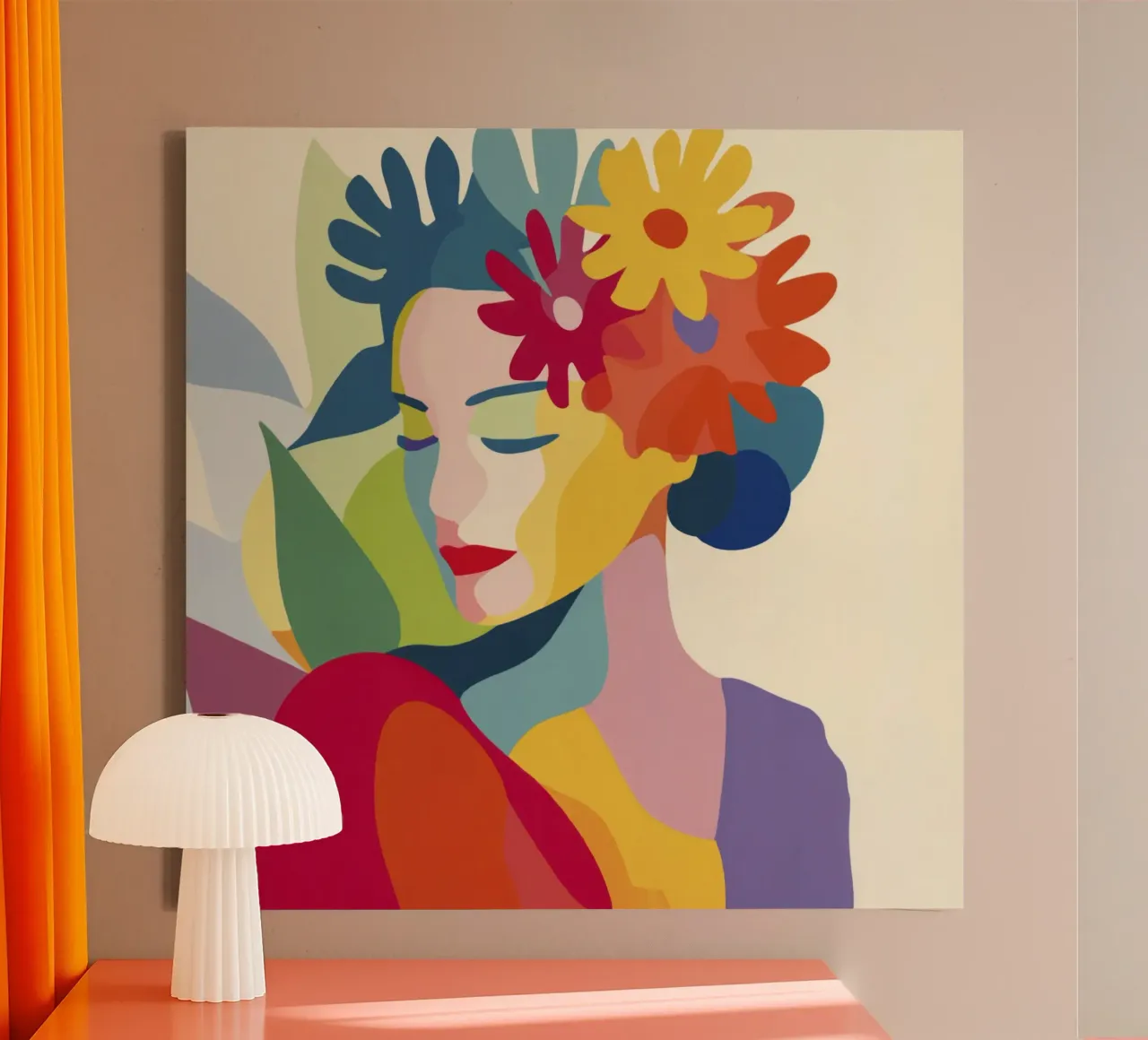 Midcentury Moderne Abstracte Vrouw met Bloemenkroon canvas met Baklijst van Modern Muse