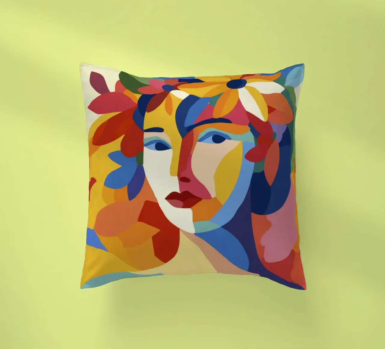 Donna Matisse moderna di metà secolo con corona e foglie floreali cuscino da Modern Muse