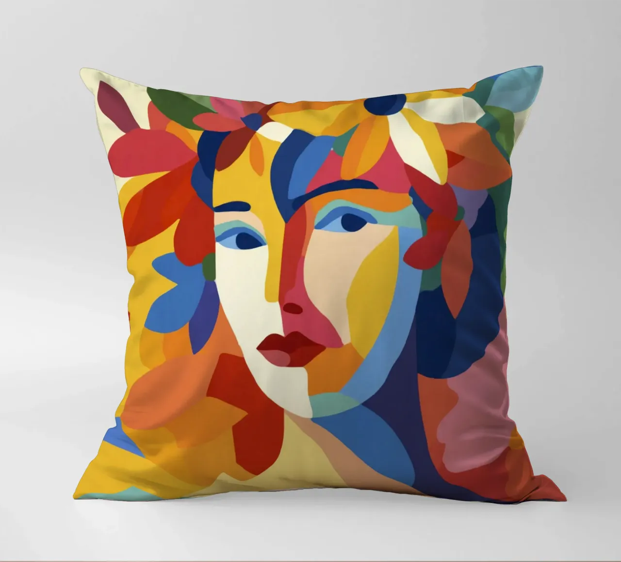 Donna Matisse moderna di metà secolo con corona e foglie floreali cuscino da Modern Muse