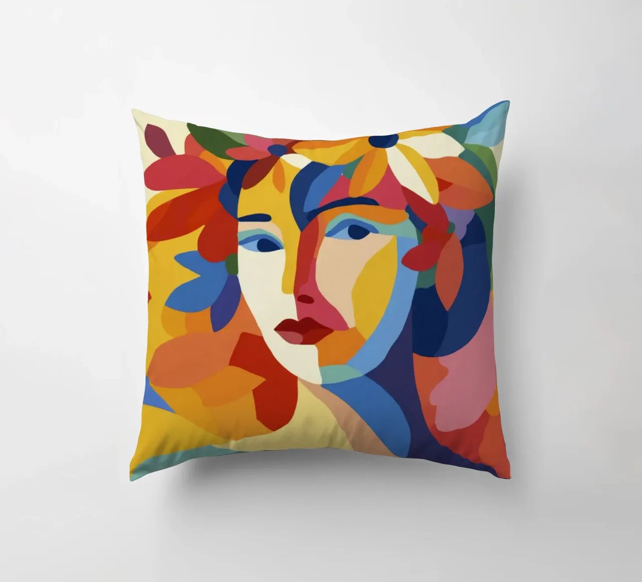 Donna Matisse moderna di metà secolo con corona e foglie floreali cuscino da Modern Muse