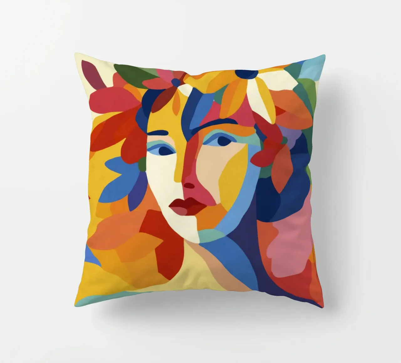 Donna Matisse moderna di metà secolo con corona e foglie floreali cuscino da Modern Muse