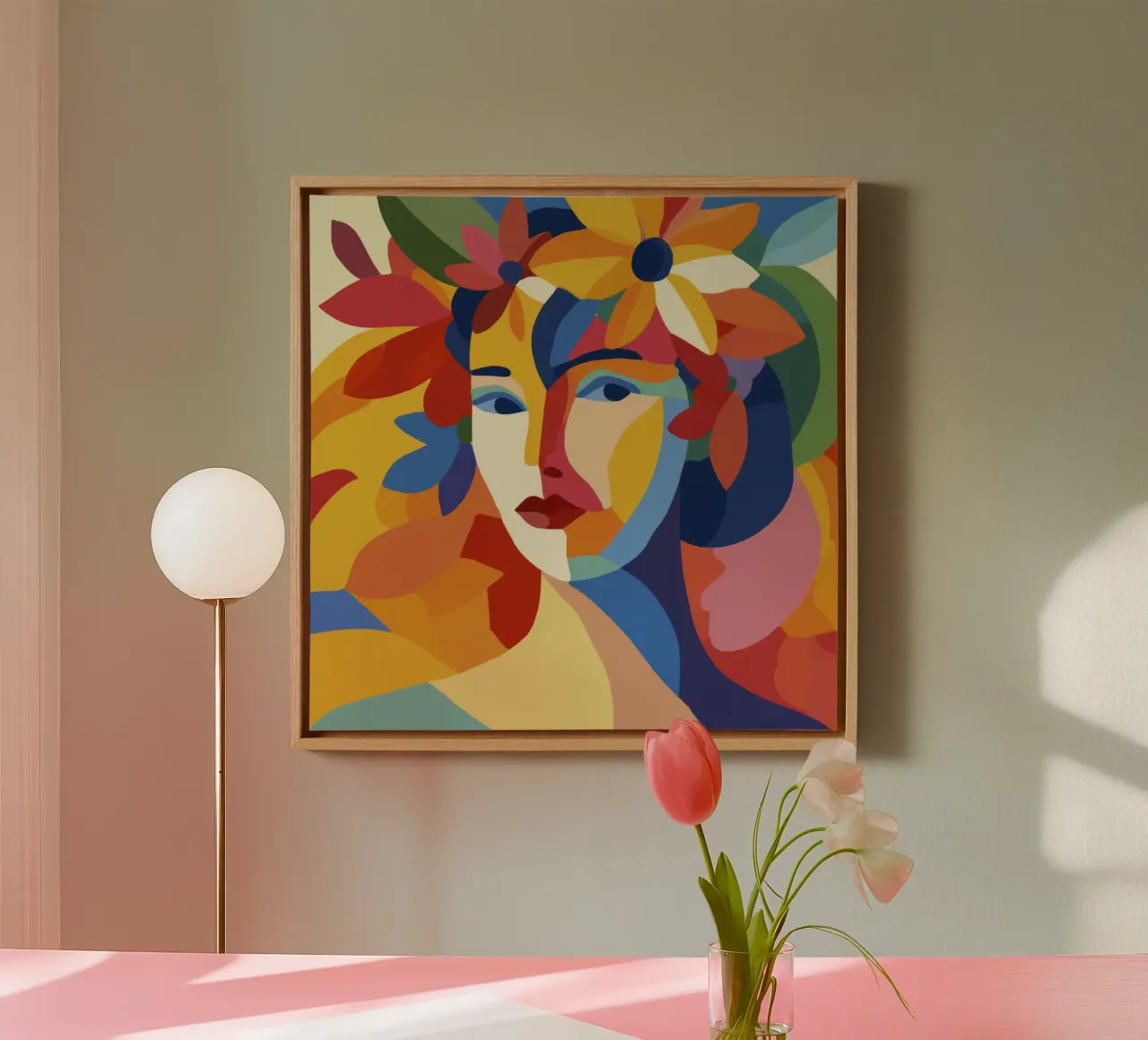 Donna Matisse moderna di metà secolo con corona e foglie floreali tela con Cornice a cassetta da Modern Muse