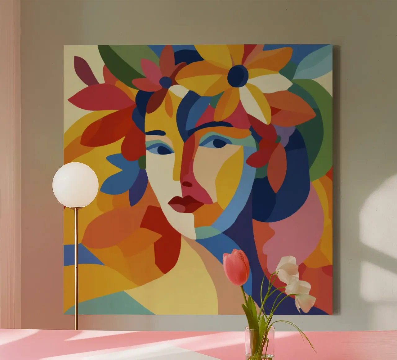 Donna Matisse moderna di metà secolo con corona e foglie floreali tela con Cornice a cassetta da Modern Muse