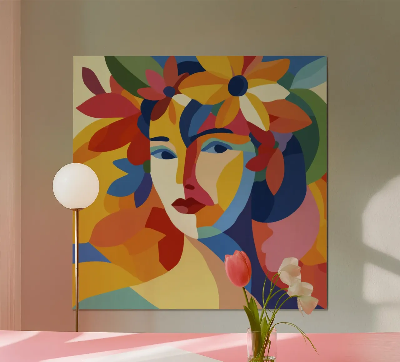 Donna Matisse moderna di metà secolo con corona e foglie floreali poster con telaio in legno da Modern Muse