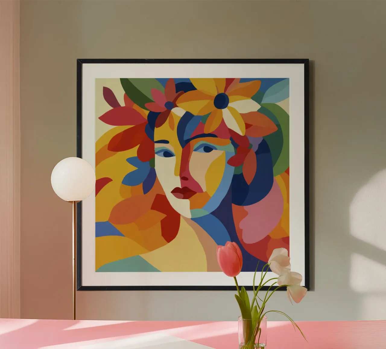 Donna Matisse moderna di metà secolo con corona e foglie floreali poster con telaio in legno da Modern Muse