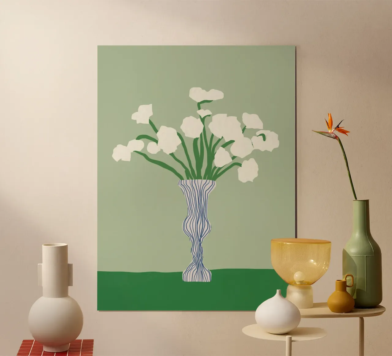 Fiori bianchi di porcellana su sfondo verde poster con telaio in alluminio da Little Dean