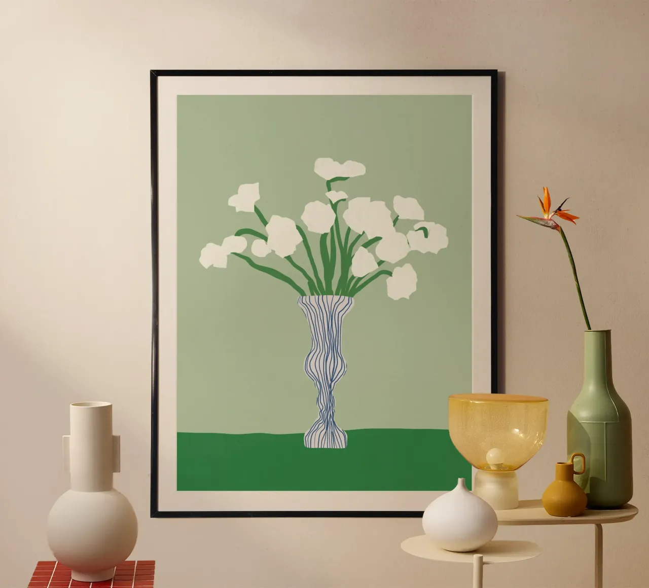 Fiori bianchi di porcellana su sfondo verde poster con telaio in alluminio da Little Dean
