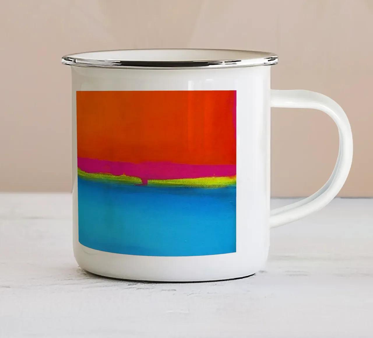 Una sera in riva al mare - Arte astratta arancione e blu tazza in smalto da Petra Lang