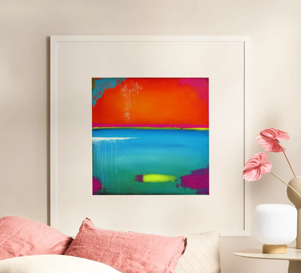 Una sera in riva al mare - Arte astratta arancione e blu poster da Petra Lang