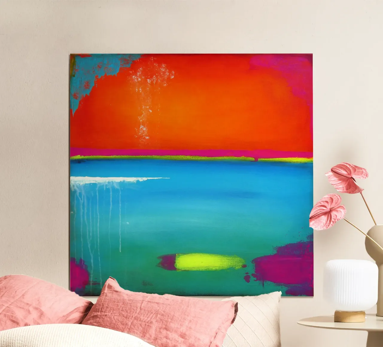 Una sera in riva al mare - Arte astratta arancione e blu poster da Petra Lang