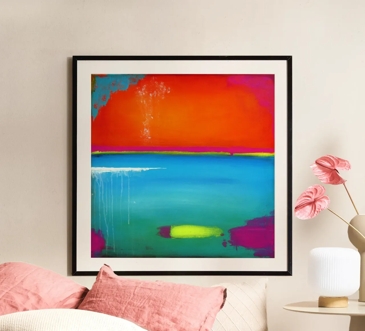 Una sera in riva al mare - Arte astratta arancione e blu poster da Petra Lang