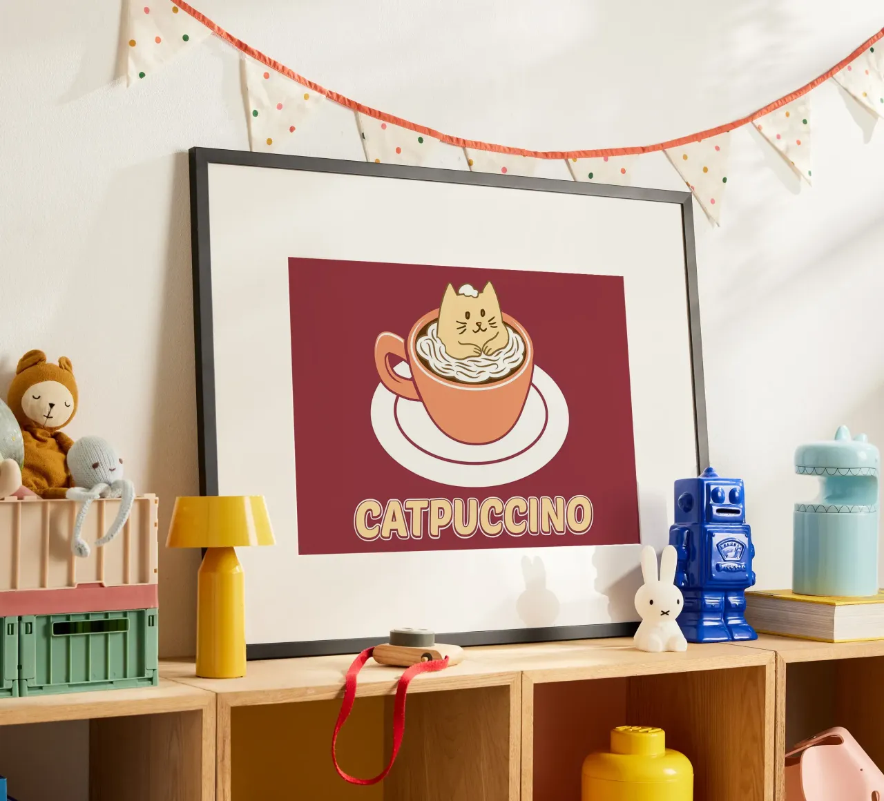 Poster minimalista di un gatto caffellatte poster con telaio in plastica da Charles A Boudreau