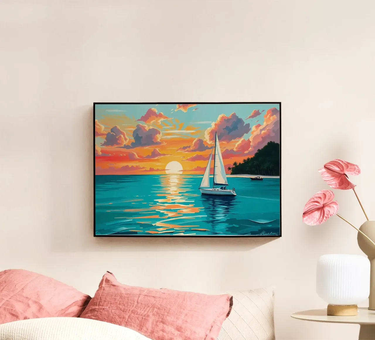 Sonnenuntergang Segelboot Ozean Palmen Acryl-Glas von Dale Edward YoungJr