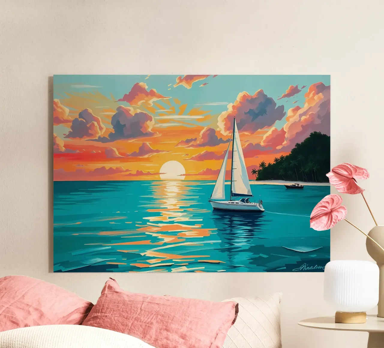 Sonnenuntergang Segelboot Ozean Palmen Acryl-Glas von Dale Edward YoungJr