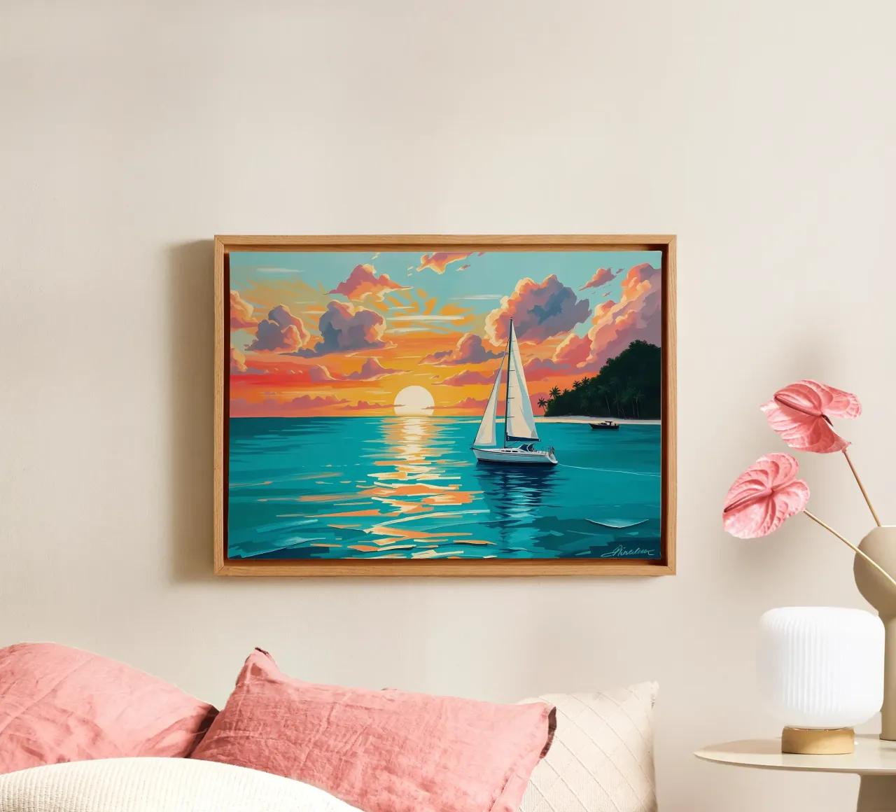 zonsondergang zeilboot oceaan palmbomen canvas met Baklijst van Dale Edward YoungJr