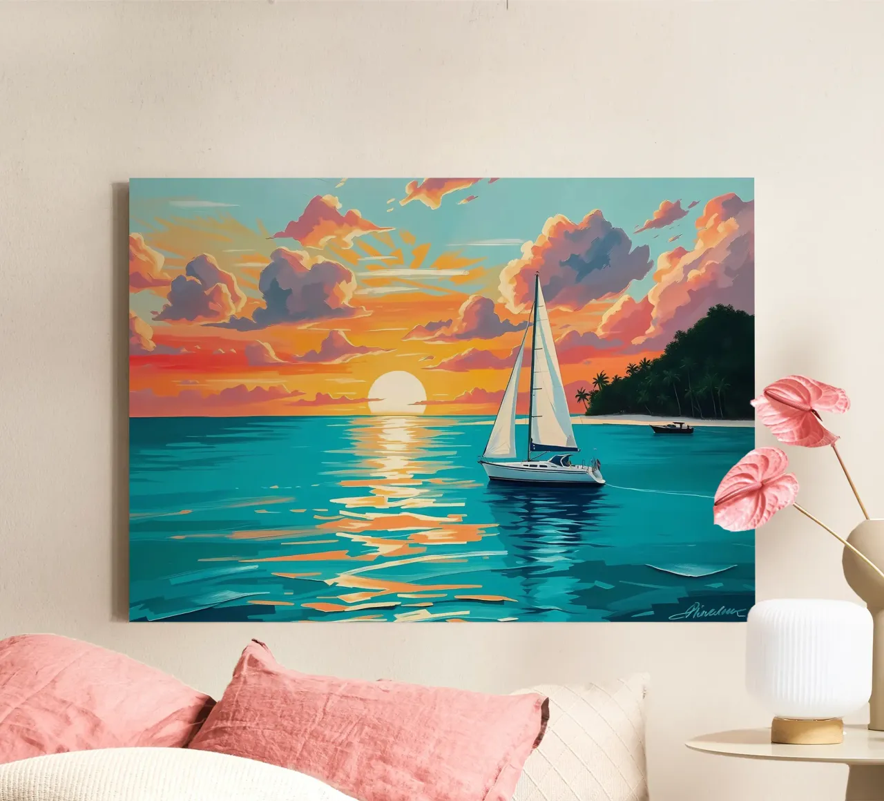 zonsondergang zeilboot oceaan palmbomen canvas met Baklijst van Dale Edward YoungJr