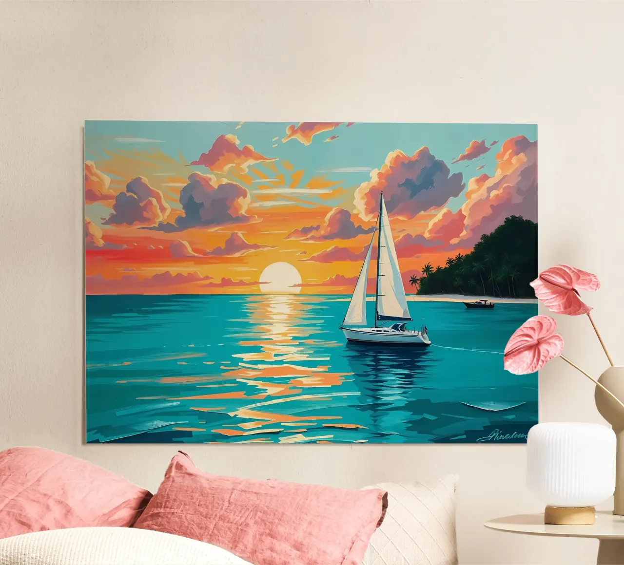 sunset sailboat ocean palm trees hahnemühle by Dale Edward YoungJr