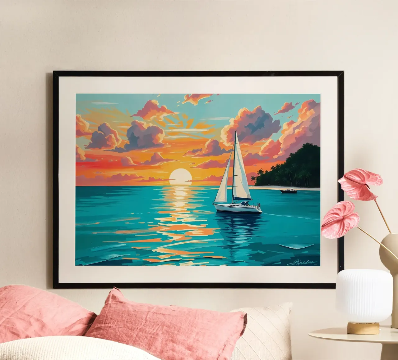sunset sailboat ocean palm trees hahnemühle by Dale Edward YoungJr