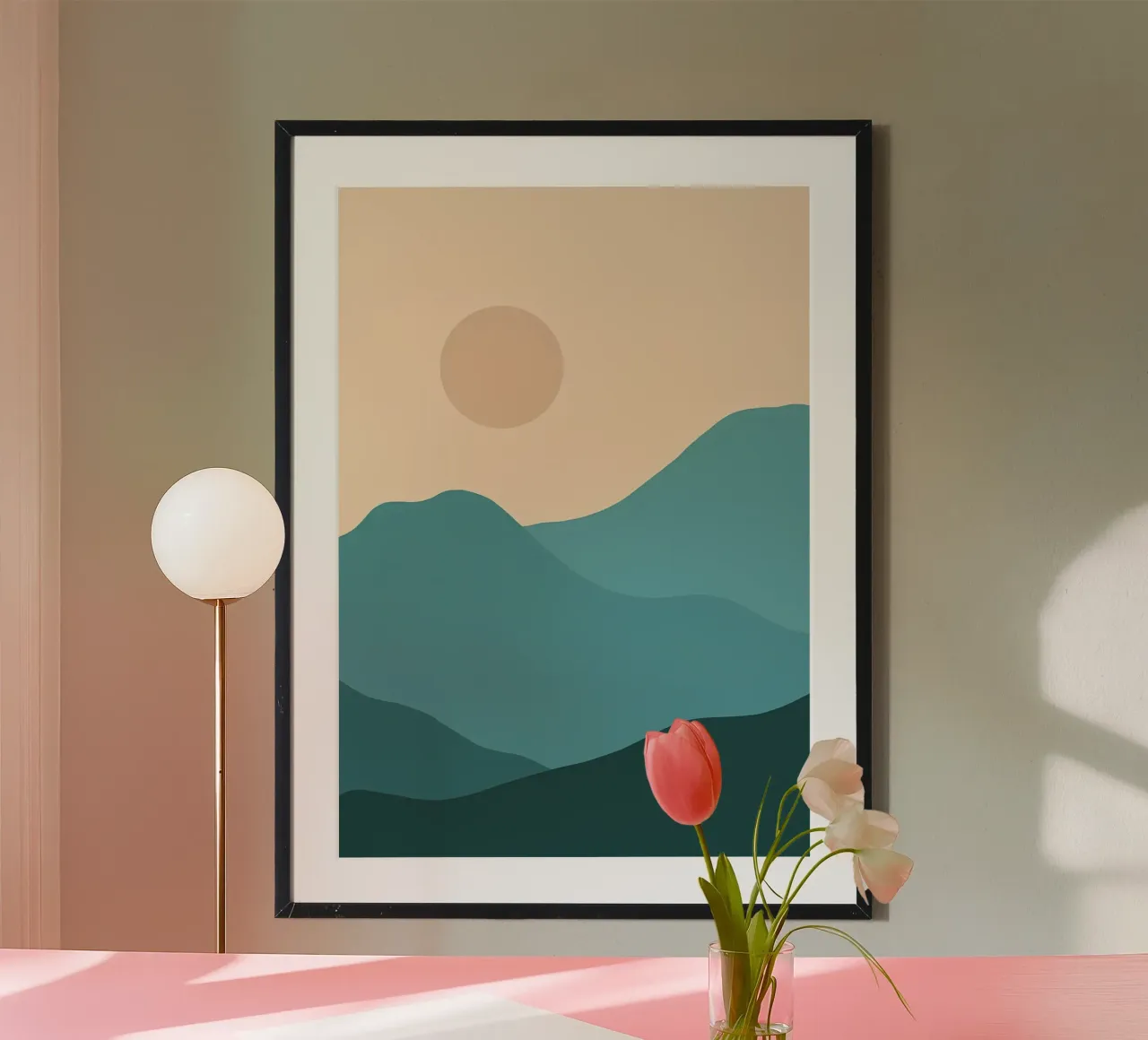 sole montagne orizzonte paesaggio poster con telaio in legno da Janine P McGuire