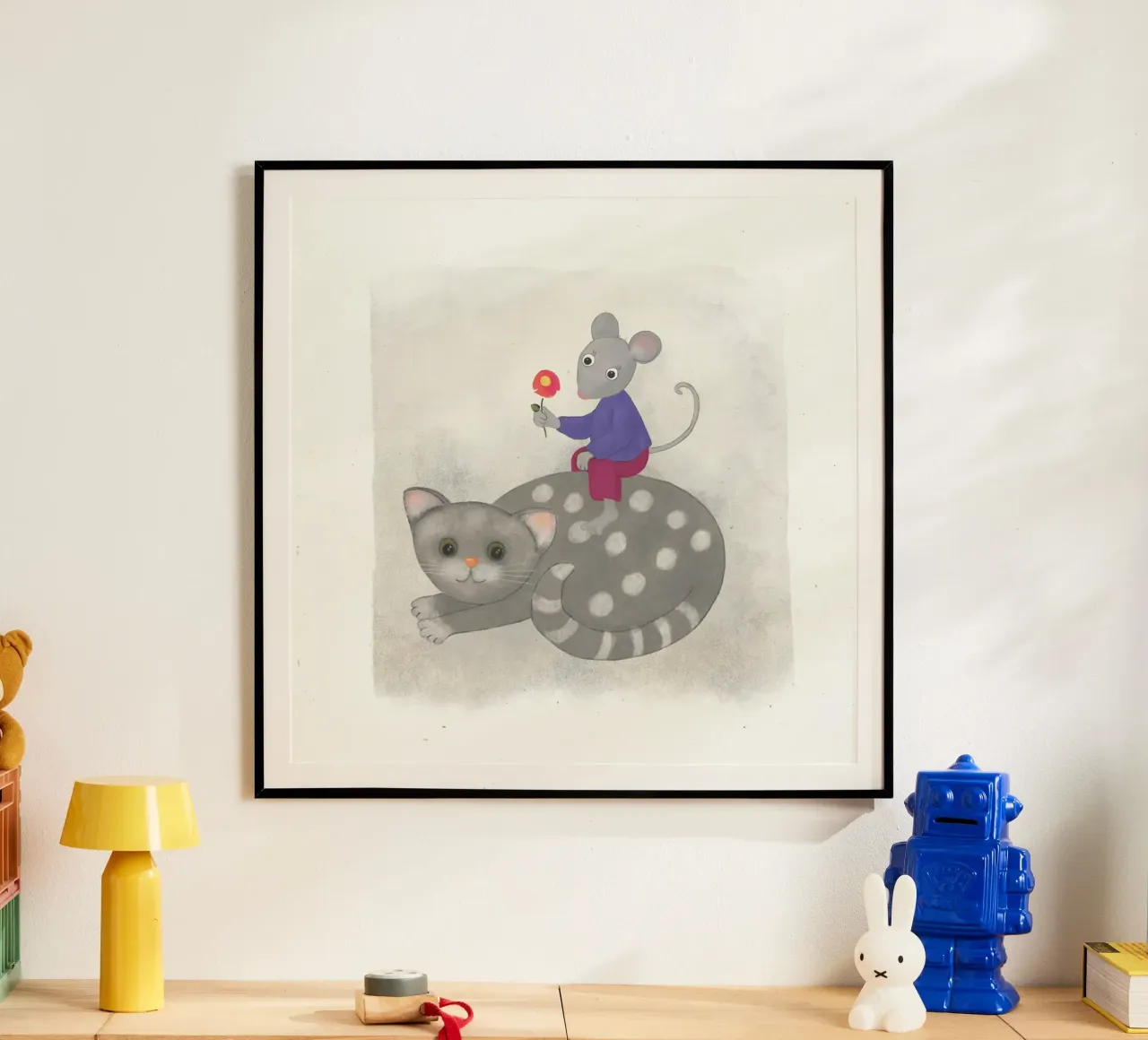 Maus sitzt auf Katze, Kindermotiv hahnemühle by Farbwelten