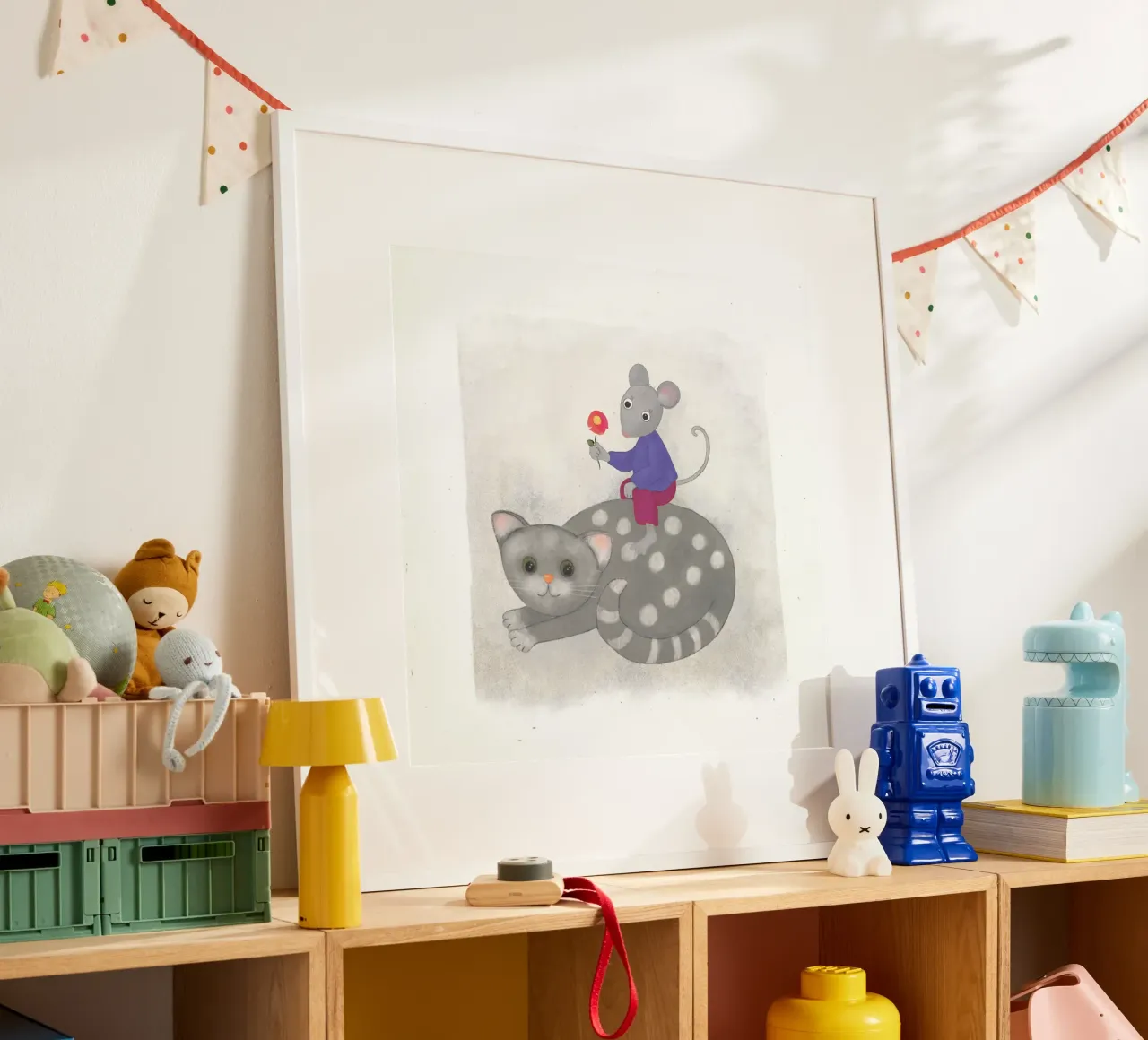 Maus sitzt auf Katze, Kindermotiv hahnemühle by Farbwelten