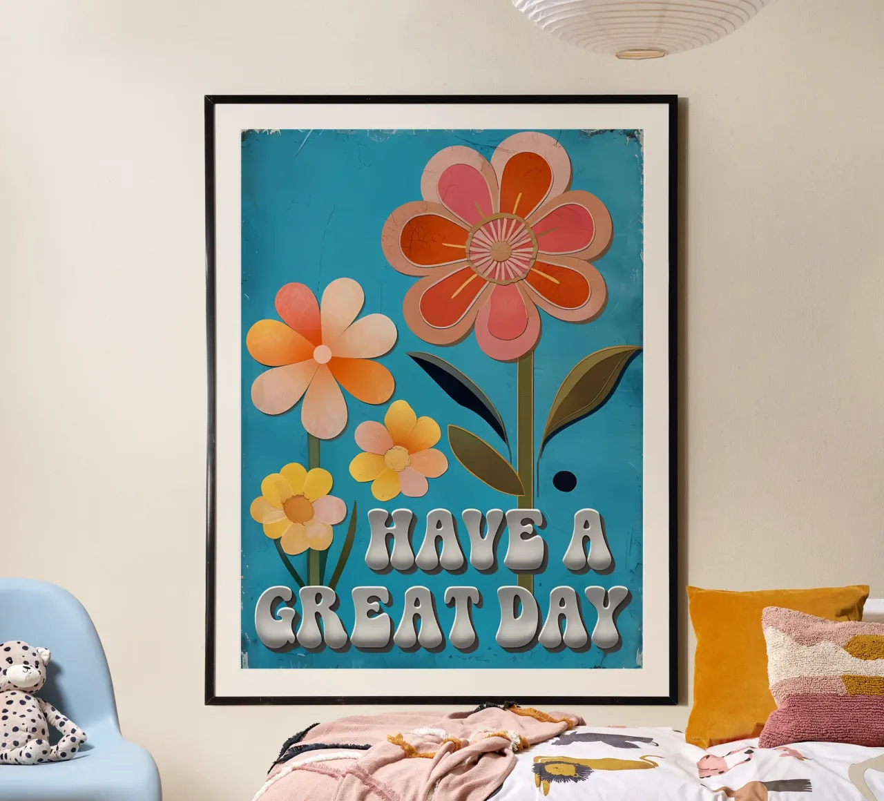 Fiore retrò: Buona giornata poster con telaio in alluminio da inspirational quote