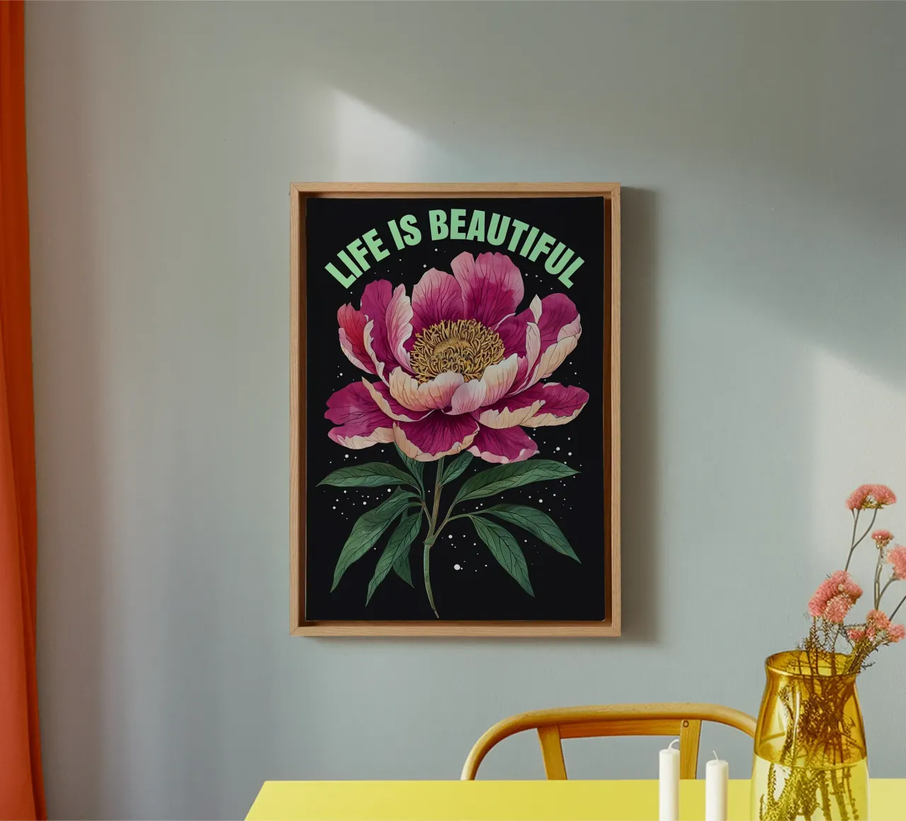 La vita è bella Peonia in fiore tela con Cornice a cassetta da inspirational quote