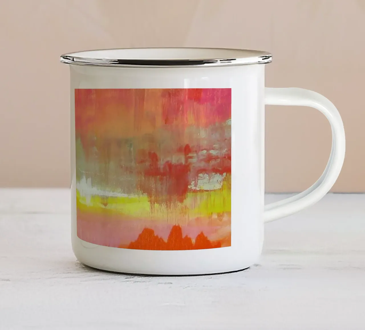 Joie de vivre - Roze Geel Oranje - Abstracte Kunst emaille mok van Petra Lang