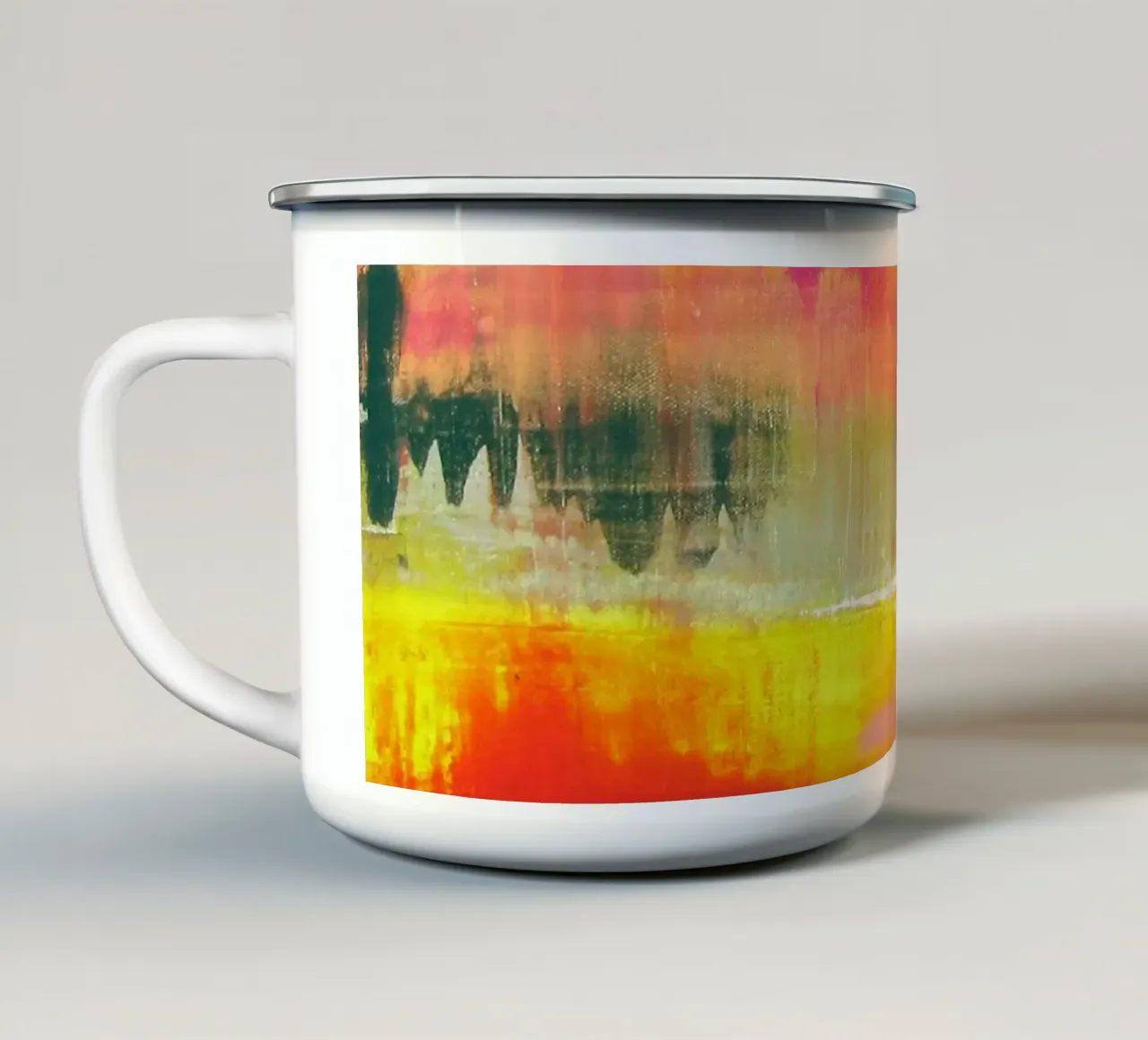 Joie de vivre - Roze Geel Oranje - Abstracte Kunst emaille mok van Petra Lang