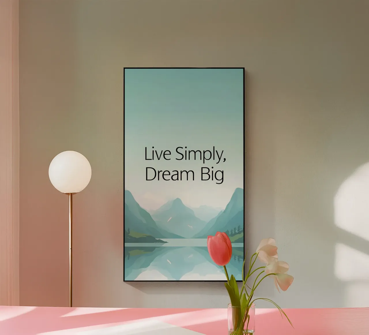 Leef eenvoudig, droom groot - Rustig bergmeerlandschap acryl van inspirational quote