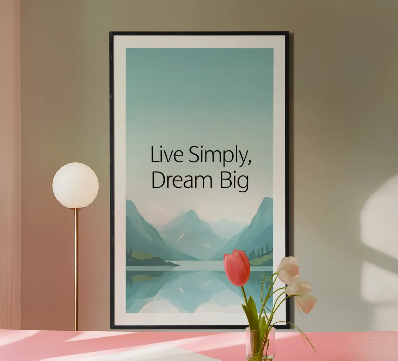 Leef eenvoudig, droom groot - Rustig bergmeerlandschap hahnemühle van inspirational quote