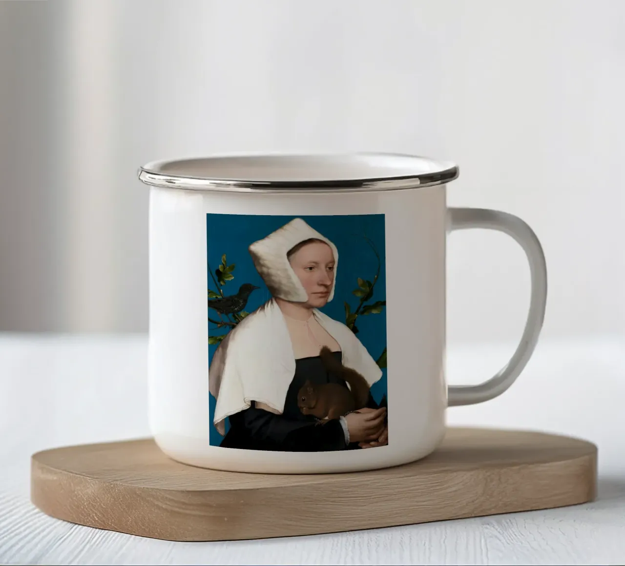 Holbein il Giovane - Una dama con uno scoiattolo e uno storno tazza in smalto da Wirla