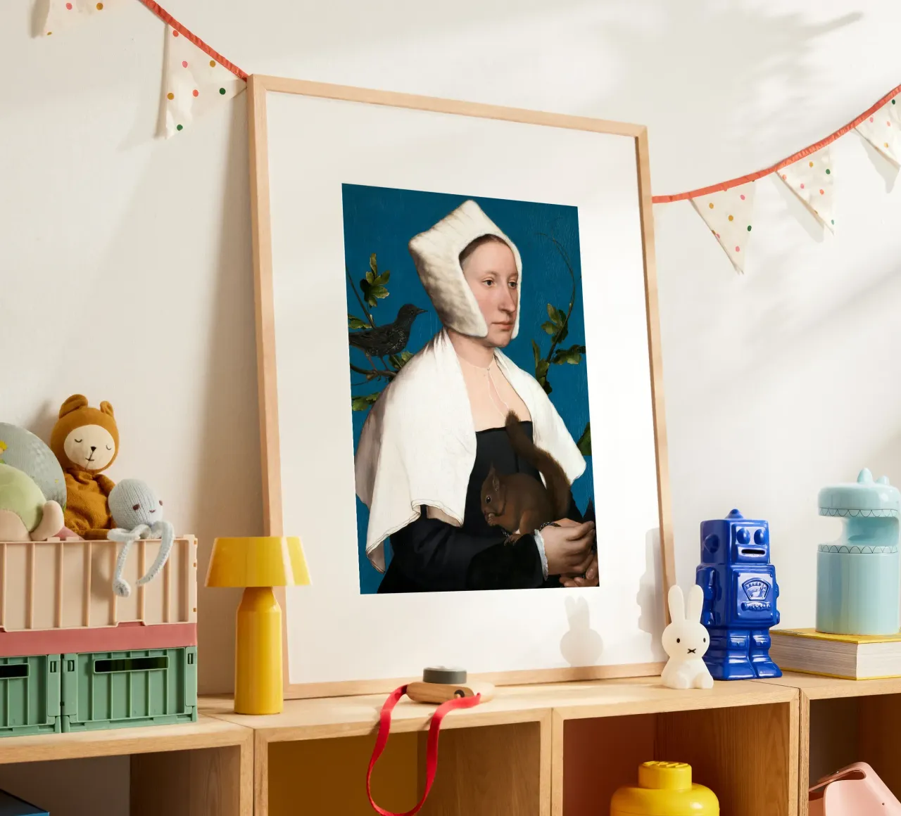 Holbein il Giovane - Una dama con uno scoiattolo e uno storno poster con telaio in legno da Wirla