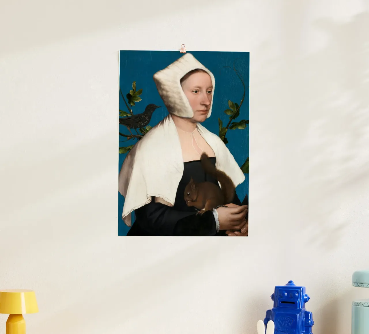 Holbein il Giovane - Una dama con uno scoiattolo e uno storno poster con telaio in legno da Wirla