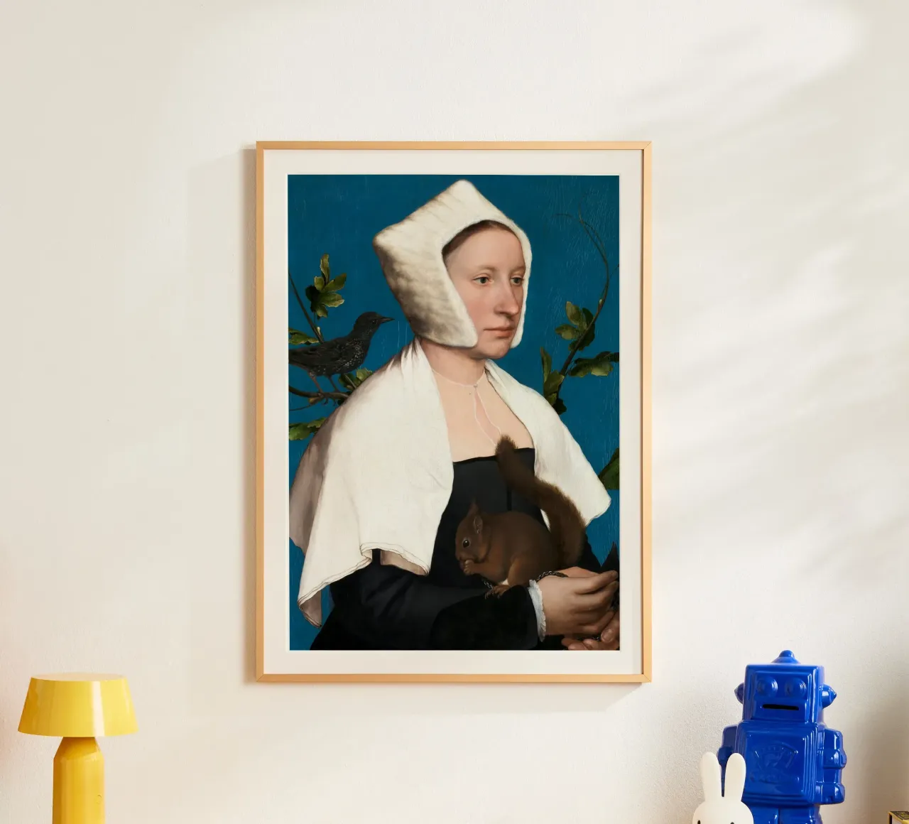 Holbein il Giovane - Una dama con uno scoiattolo e uno storno poster con telaio in legno da Wirla