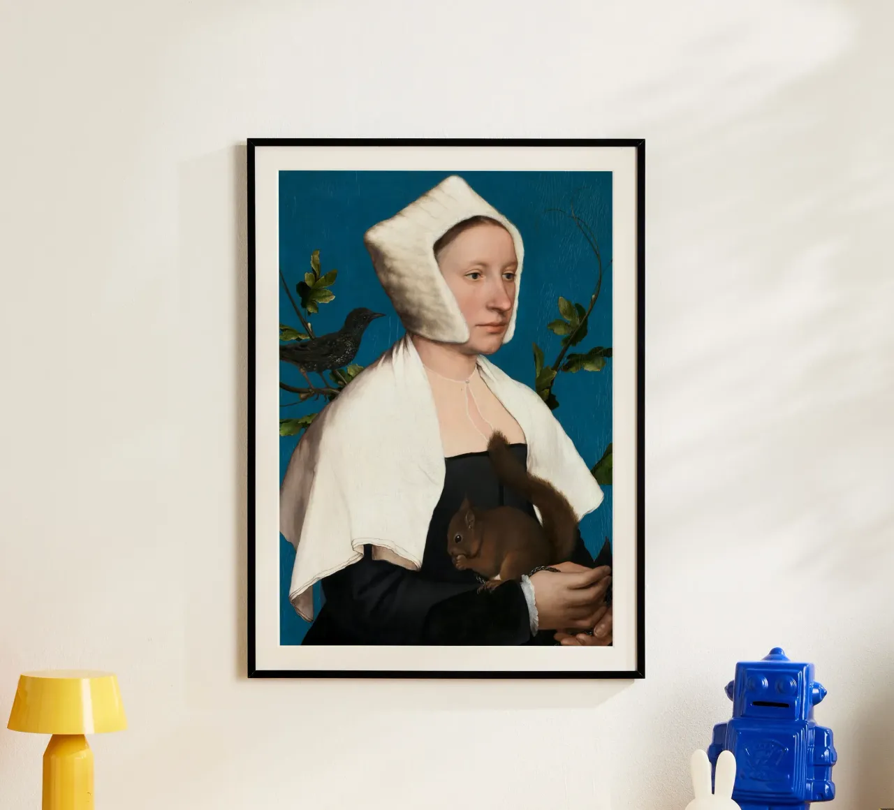 Holbein il Giovane - Una dama con uno scoiattolo e uno storno poster con telaio in legno da Wirla