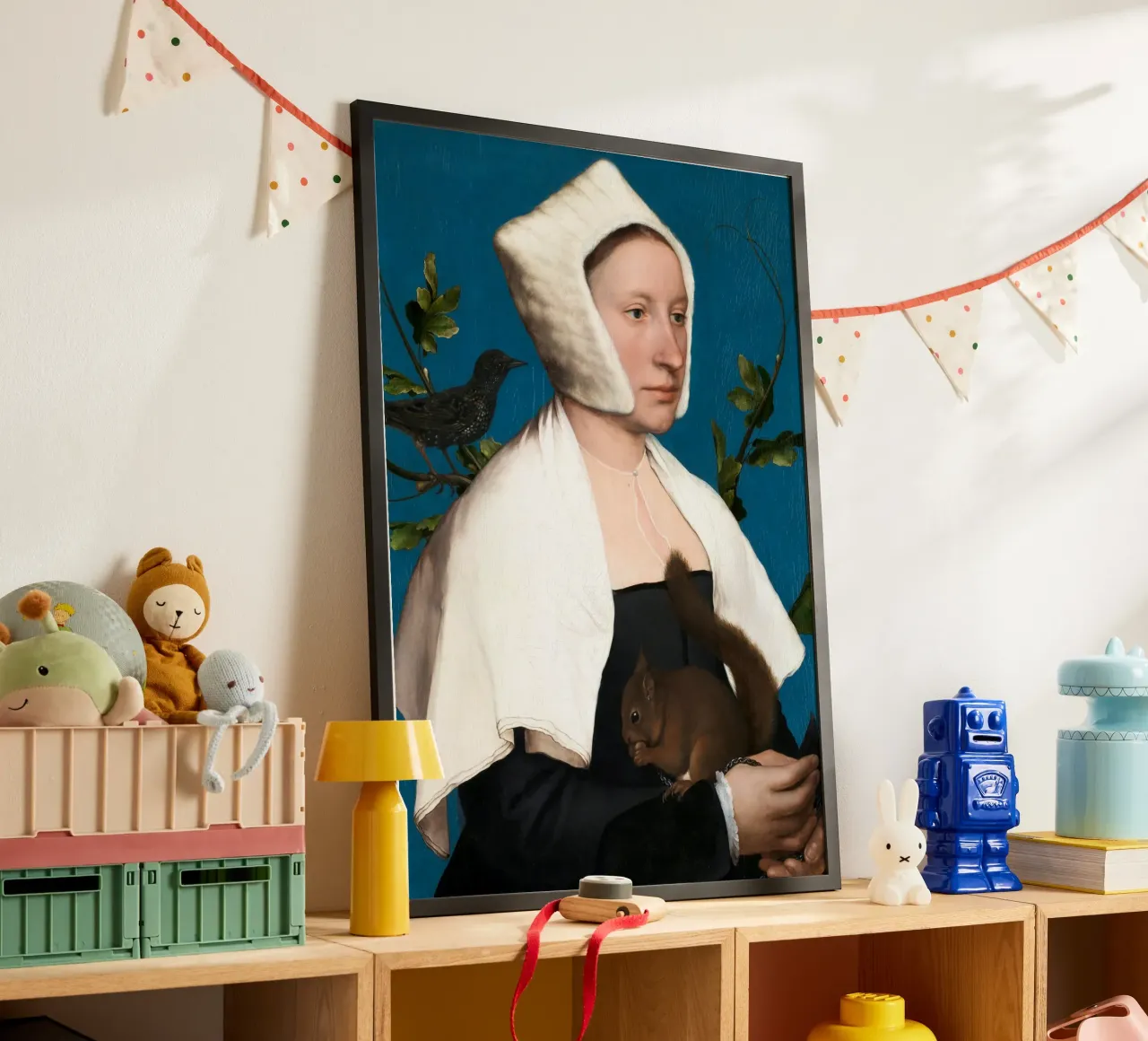 Holbein il Giovane - Una dama con uno scoiattolo e uno storno poster con telaio in legno da Wirla