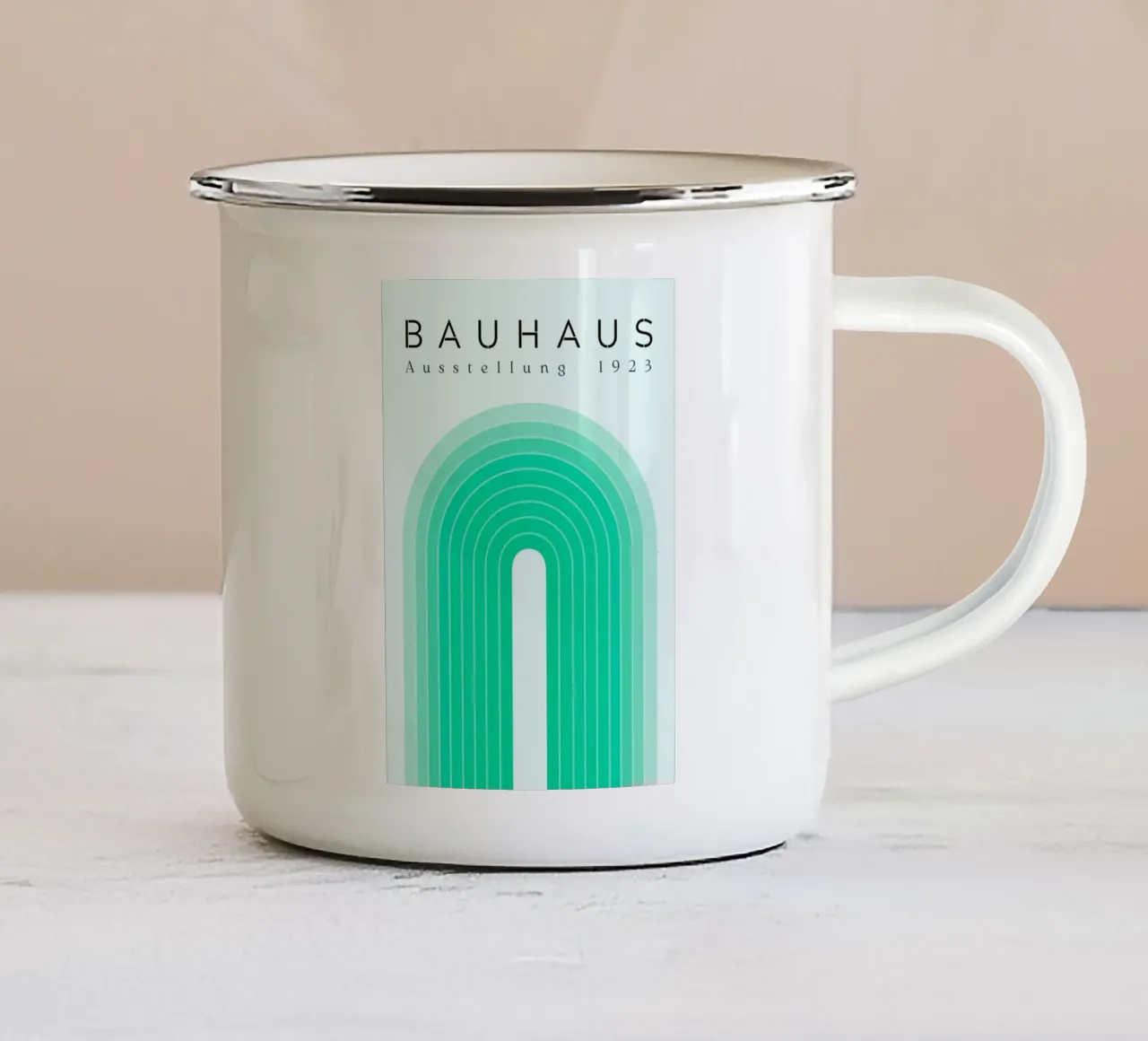 Bauhaus 1923 Tentoonstelling Groene Boog Kleurverloop Print emaille mok van NorwesClub