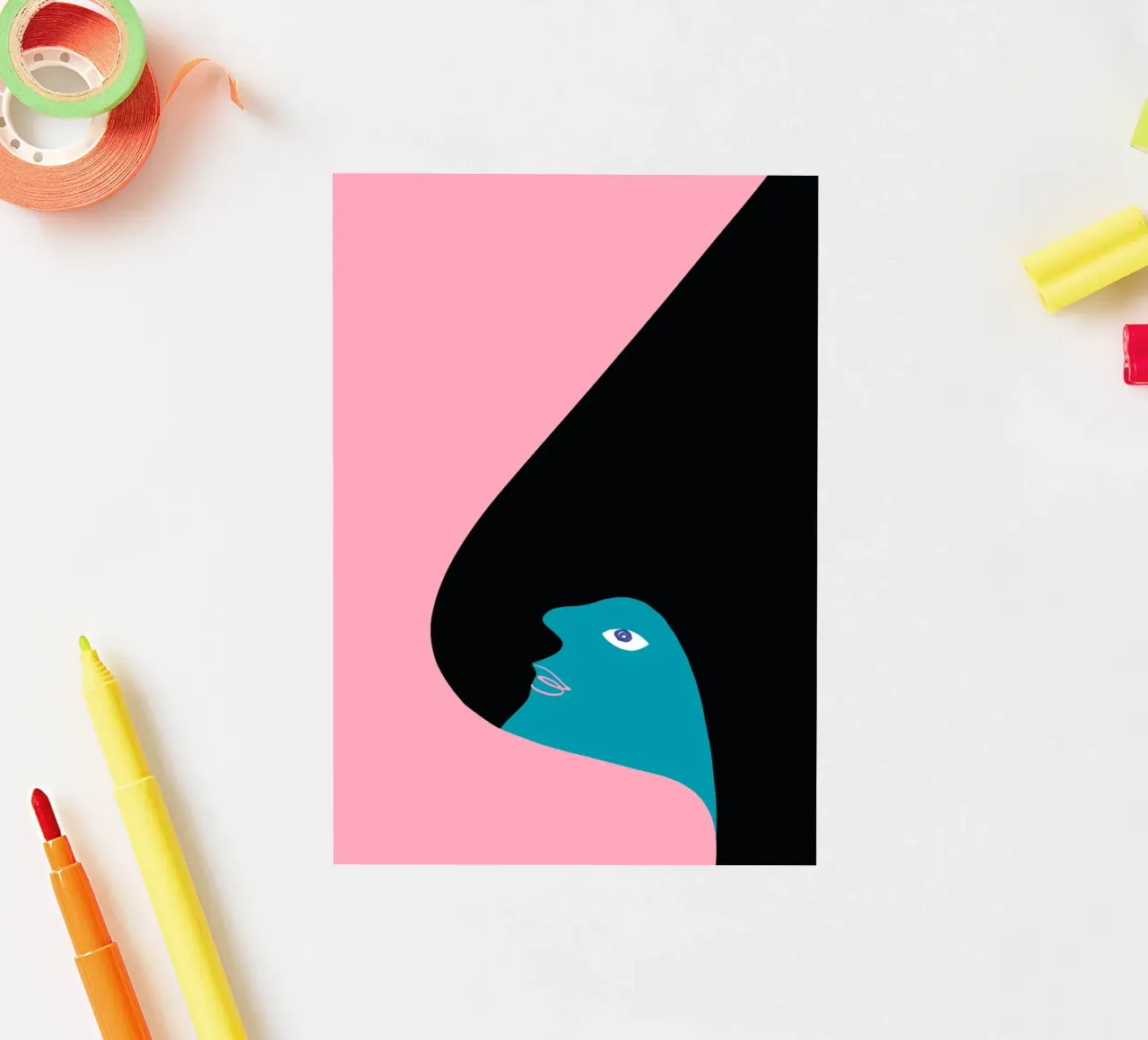 Portrait abstrait Color Block Pink Teal Art autocollant de NorwesClub