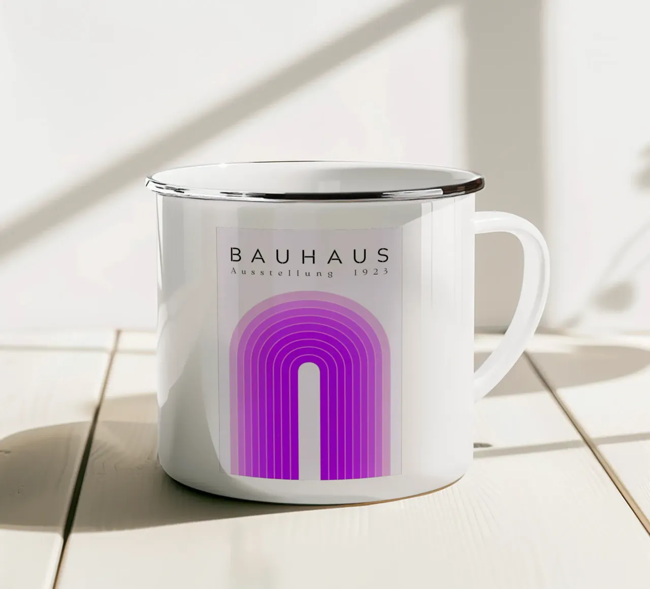 Bauhaus 1923 Exhibition Purple Arch Gradient Print enamel mug by NorwesClub