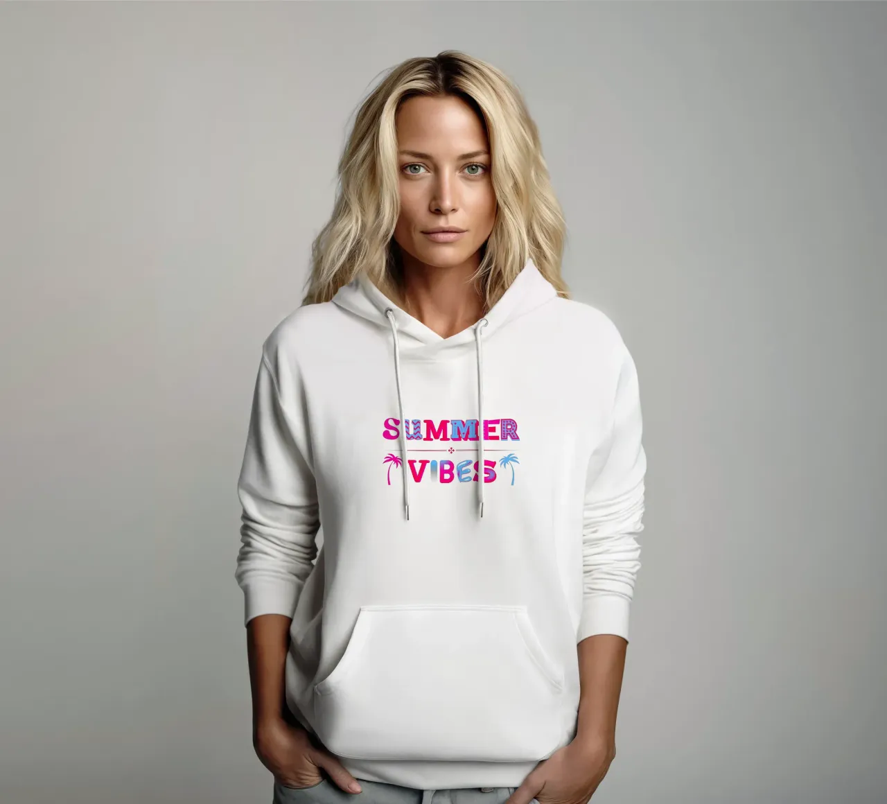 Scritta Summer vibes con palme in rosa blu felpa con cappuccio da ArtDesign by KBK